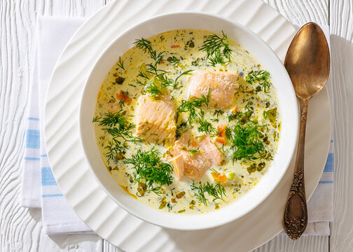 swedish laxsoppa creamy salmon soup in a bowl