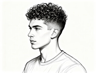 Fototapeta premium Hand-Drawn Outline Sketch Profile of a Young Man with Short Curly Hair