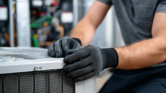 Gloved hands securing a compact heat recovery ventilation unit in a clean, modern utility room, minimal interior design with neutral colors, natural daylight illuminating hands and