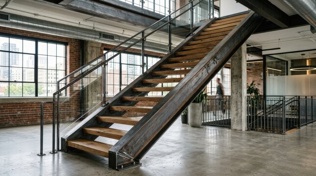 Focus on double stringer stair stringer highlighting structural strength and modern aesthetics with symmetrical metal beams and a rugged steel texture in an urban interior.