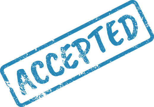 Blue distressed rectangular stamp with ACCEPTED message clearly visible on a clean white surface