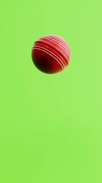 Cricket Ball Bouncing on Green Background with Copy Space, Vertical Portrait Format, Seamless Loop 3D Animation