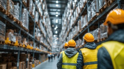Fototapeta premium team of employees in hard hats and high-visibility vests checking inventory on warehouse shelves, organized logistics and teamwork in an industrial setting
