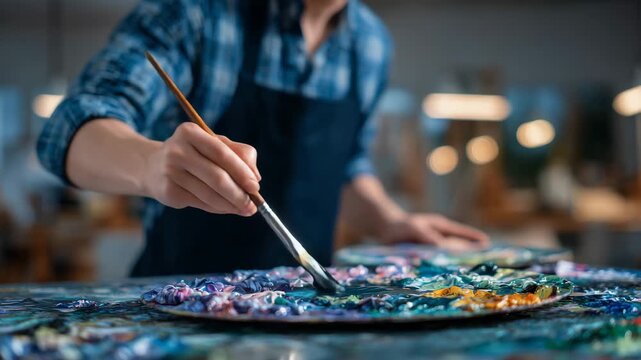 Hand of an artist mixing bright paints on a palette, detailed view of paintbrush blending vibrant acrylics, textured paint patterns visible, warm daylight in the studio, hobbyist c