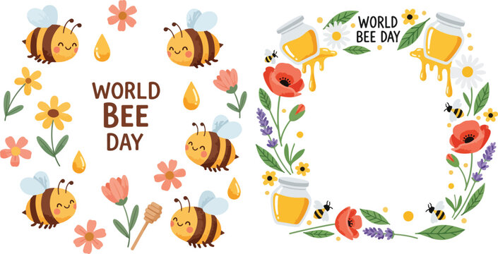 World Bee Day Floral Frame and Cute Bee Pattern Set for Spring Celebration