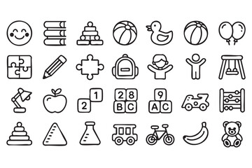 Fototapeta premium Kids education and toy icons, school learning objects, children activity symbols