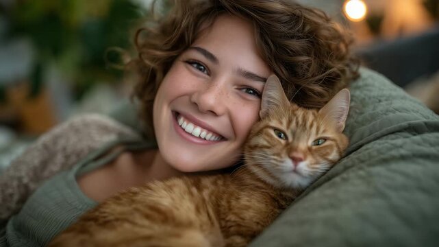 Happy female cuddling her orange tabby cat in a cozy bean bag chair, laughing softly as the cat nuzzles her, sunlit living room with soft textures and greenery, intimate home lifes