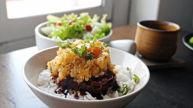 Meat cutlet served over white rice with dark sauce and garnish, side salad in background, indoor restaurant setting with natural light, culinary presentation.