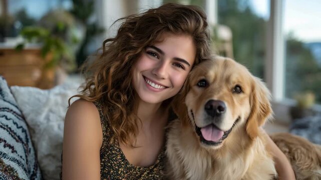 Happy young woman sitting comfortably on a cozy sofa, gently petting a fluffy golden retriever on her lap, warm sunlight streaming through a large window, soft cushions and a patte