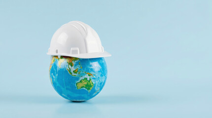 Earth Day sustainability concept with construction safety helmet on globe, responsible infrastructure development, green building industry, climate conscious engineering and sustainable future plannin