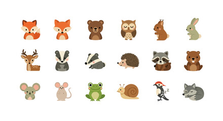 Fototapeta premium Set of cute cartoon woodland forest animal characters isolated on white background