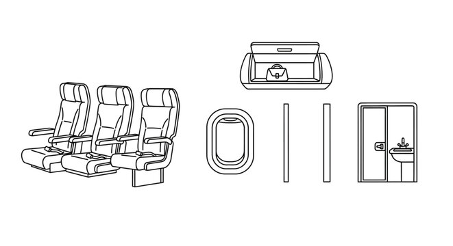 Minimalist airplane interior line art icons featuring seats and cabin elements.