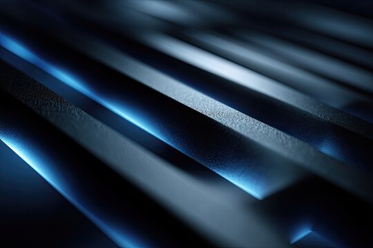 Abstract dark background with parallel metallic lines and blue glow