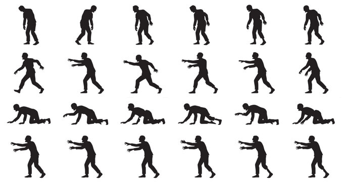  Zombie Movement Variations Silhouettes Set Pack Editable Vector Stroke Illustration. featuring more  zombie, sprite, sheet, vector, illustration, horror, animation, game, character silhouettes.