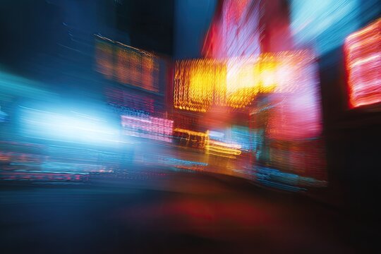 Streaking neon lights blur past in a fast-paced urban night scene
