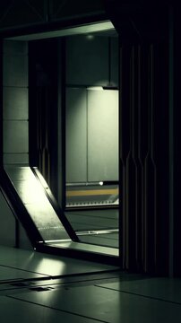 Shadows dance along sleek metallic surfaces in a spacious corridor. The atmosphere is quiet, evoking a sense of mystery and calm as lights flicker softly, revealing hidden details.