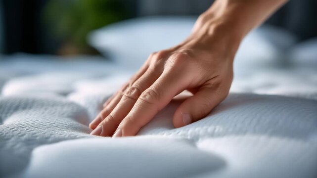 Macro close-up of a faceless hand pressing into a clean white mattress, top-down perspective, fabric texture finely detailed, slight compression illustrating firmness, soft natural