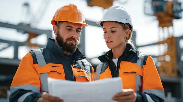 Male and female construction engineers examining architectural blueprints on-site, both in hard hats and orange safety vests, steel framework and cranes surrounding them, bright na