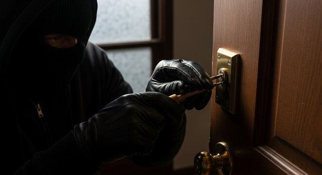 Masked burglar breaking in with lock picking tools in dark indoor setting