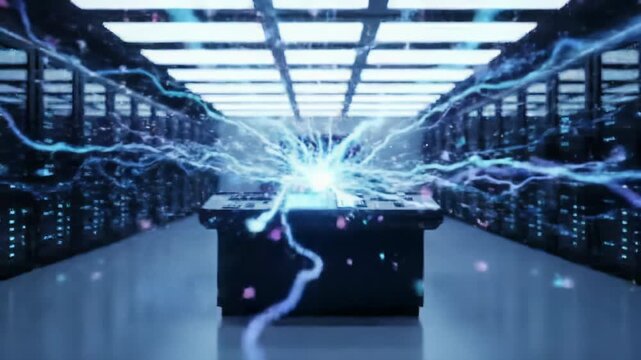 A sleek, minimalist, futuristic data center with glowing server racks. Neon-blue and electric-purple light trails erupt from a console, symbolizing rapid innovation and exponential growth,