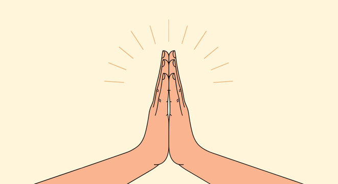 Two hands coming together in a prayer or namaste gesture with light rays emanating from the top against a light beige background.