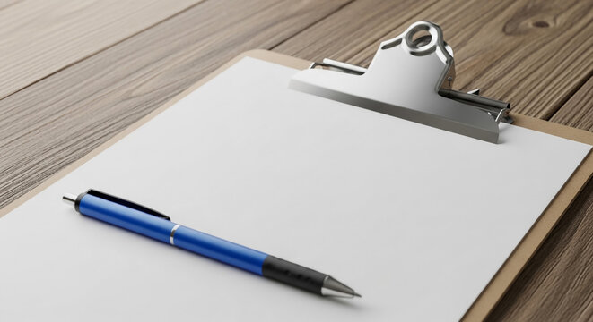 A blue ballpoint pen rests on a blank sheet of paper on a clipboard, ready for writing.