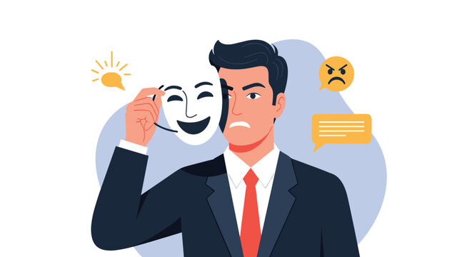 Professional man in a suit removes a happy white mask to reveal an angry facial expression and hidden emotions underneath.