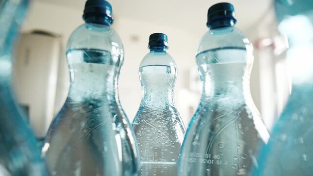 Smooth Camera Drive Among A Row Of Big Blue Bottles Of Mineral Sparkling Water On A Table
