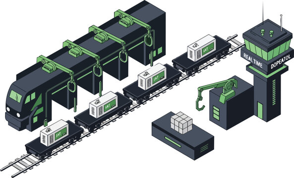 Isometric Automated Freight Train Logistics Terminal with Robotic Loading Arms and Control Tower for Industry 4.0 Supply Chain Concept