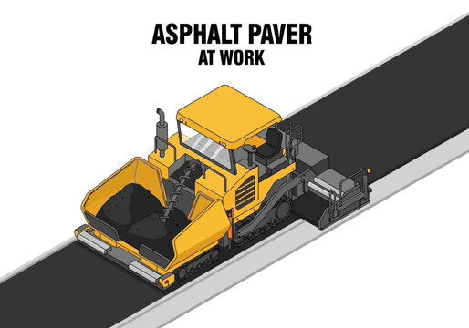 Isometric vector illustration of an asphalt paver machine working on a road construction project