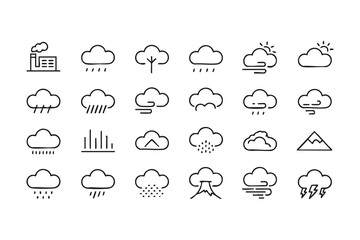 Fototapeta premium Climate and weather icon set with cloud, sun, storm, and precipitation symbols for meteorology visuals
