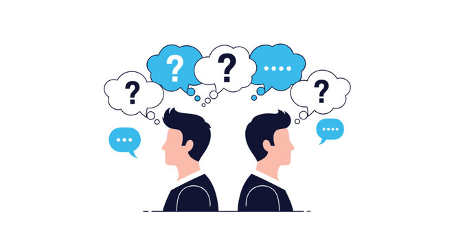 Concept of misunderstanding or confusion between two people with question marks in speech bubbles facing away from each other.