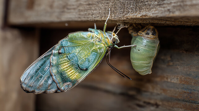 A vivid close-up of a cicada emerging from its shell, showcasing the intricate details of its wings and body.