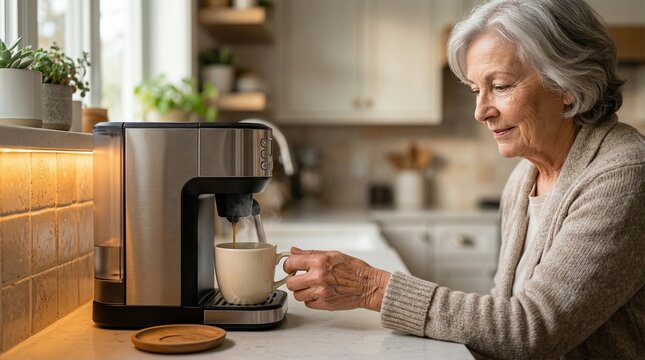 Senior Woman Using Smart Coffee Maker in Kitchen