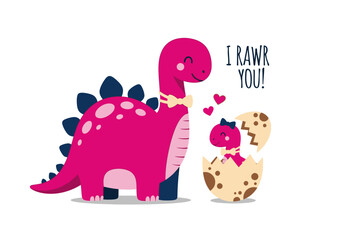 Cute Pink Mother and Baby Dinosaur Illustration with I Rawr You Text for Valentine's Day and Nursery Decor © wafie studiio