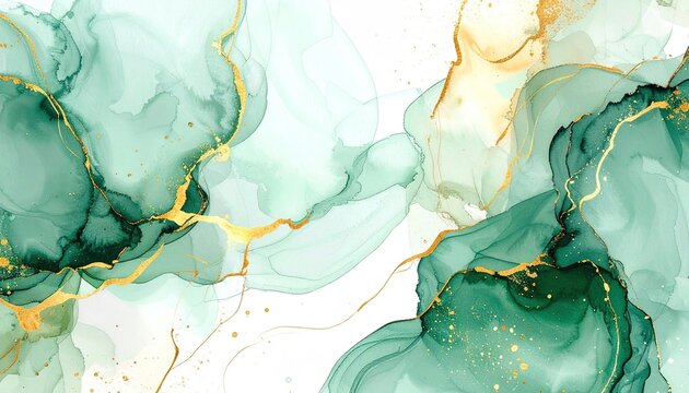 Abstract emerald green alcohol ink background with gold glitter veins and marble texture. Luxury fluid art, emerald green, gold marble, alcohol ink.
