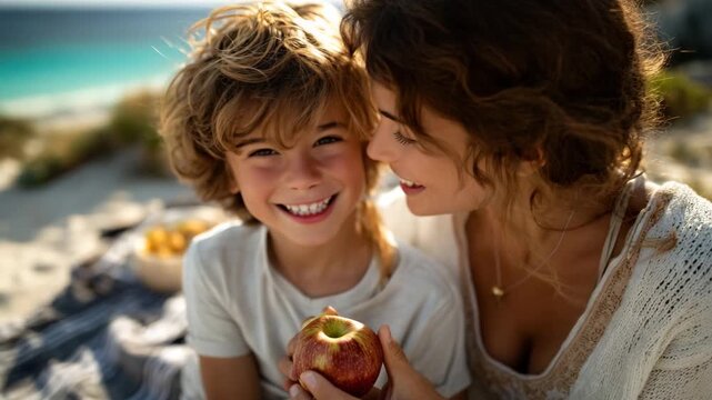 Mother and son sitting side by side on a picnic blanket, laughing as the boy bites into a crisp apple, warm sunlight illuminating their faces, sandy beach and calm turquoise sea be
