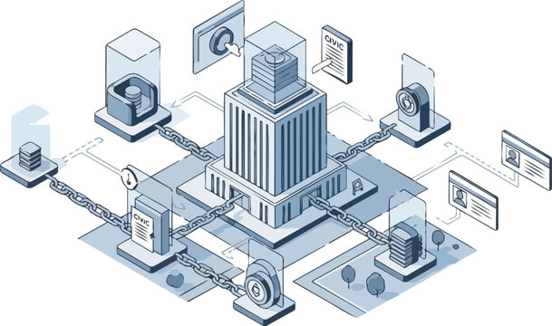 Isometric Blockchain Infrastructure and Digital Civic Identity Management Concept with Centralized Secure Data Network, Financial Systems, and Government Technology.