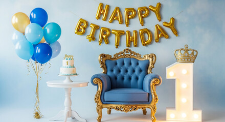 A lavish first birthday celebration setup includes a throne chair, cake, balloons, and a large number one.