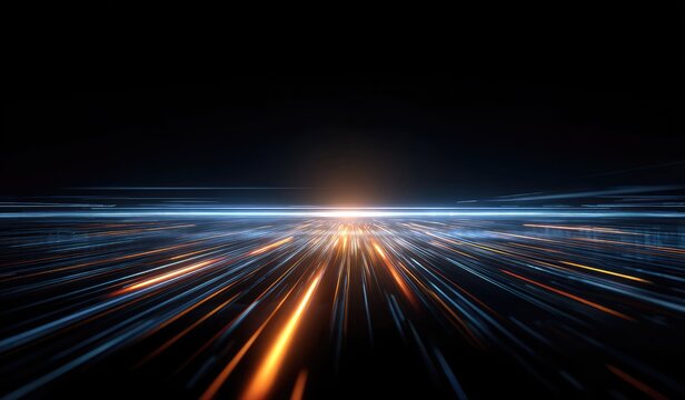 Bright light streaks converge towards a distant horizon