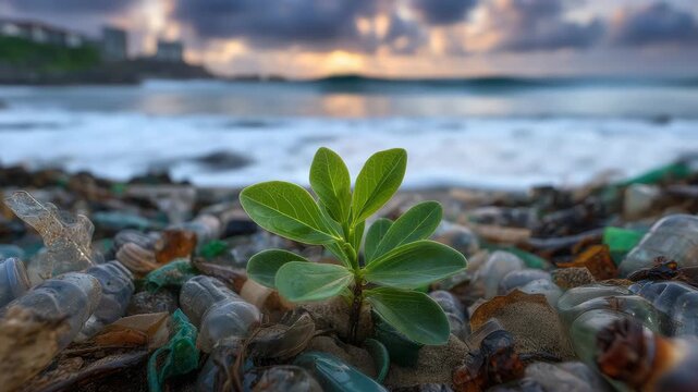 A tiny vibrant green sprout emerging from a tangled pile of plastic bottles and ocean debris on a sandy beach, soft golden sunrise light illuminating the fragile leaves, waves gent