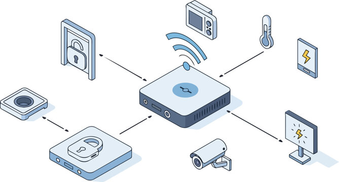 Smart Home Hub and IoT Device Network Isometric Illustration with Security Camera, Thermostat, and Energy Monitoring Icons