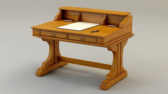 Vintage wooden writing desk with drawers and open compartment in warm natural lighting