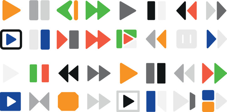 Colorful play pause and rewind media button icons on white background