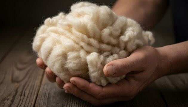 Close up of hands holding raw sheep wool after shearing process for textile production and artisan handicraft concept on rustic wood surface with warm cinematic lighting