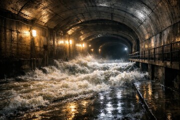 Naklejka premium Massive underground water tunnel with concrete arches, industrial flow, dramatic lighting and walkways