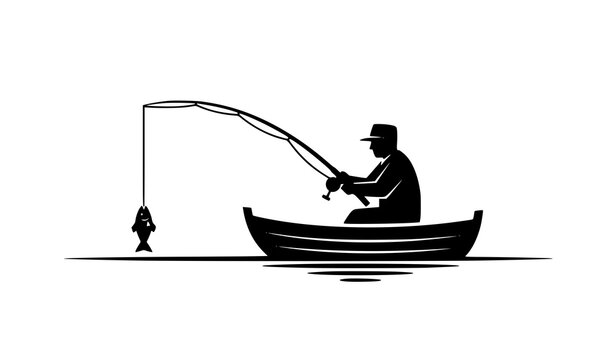 Minimalist fisherman silhouette in boat catching fish with rod on calm water vector illustration