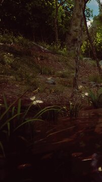 A serene forest setting showcases shimmering water, bright green grass, and majestic trees. Soft sunlight filters through the leaves, creating a peaceful atmosphere in the wild.