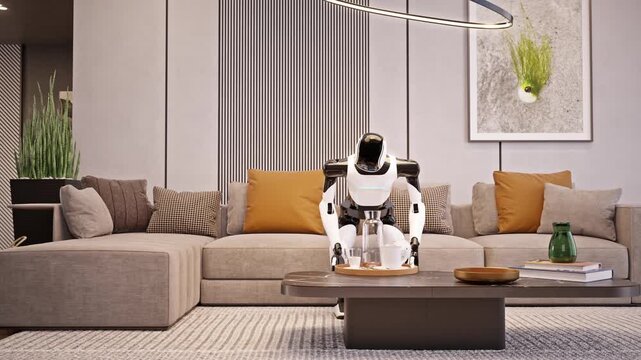 AI-powered humanoid robot cleans an apartment, picking up dirty dishes in a modern living room. Advanced household and housekeeping automation. Future smart home technology. 3d animation rendering