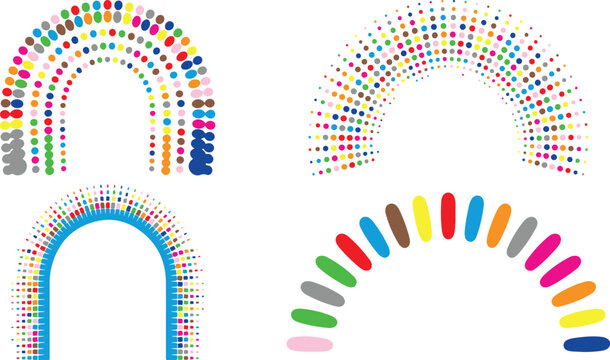 colorful rainbow shapes made of small dots and ovals in various patterns and designs on white background